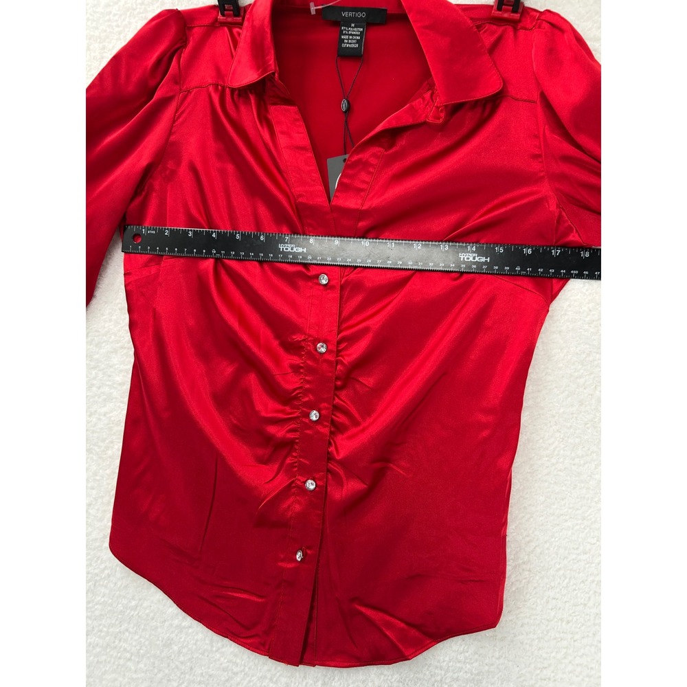 NEW Vertigo Paris Garnet Red Satin Ruched Button Up Blouse VT30285 Womens Medium - Picture 5 of 12